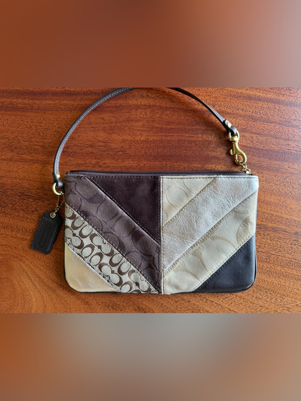 Vintage COACH Y2K Patchwork Leather & Suede Wristlet Brown Gold - Picture 2 of 16